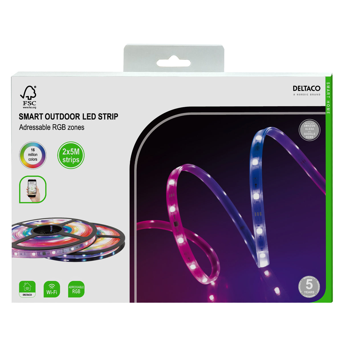 Deltaco Udendørs smart LED-stribe, RGB, 10 m (2 x 5 m)