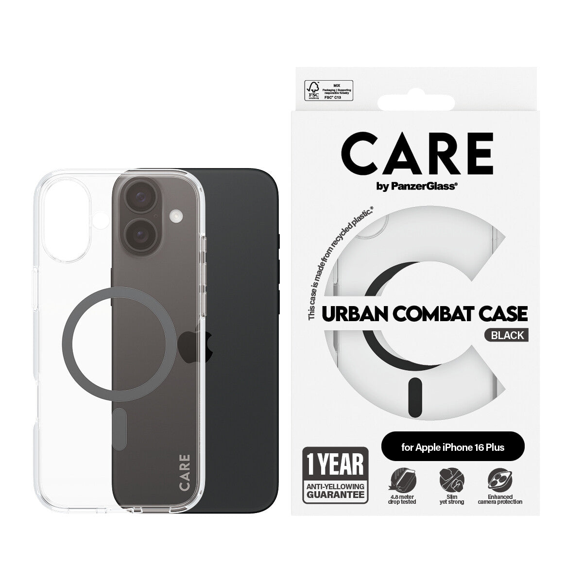 PanzerGlass CARE™ by ® Urban Combat Case Transparent m. Sort MagSafe iPhone 16 Plus