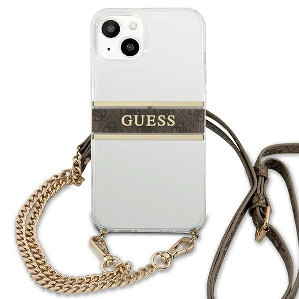 Guess GUHCP13SKC4GBGO iPhone 13 mini 5.4" Transparent hardcase 4G Brown Strap Gold Chain
