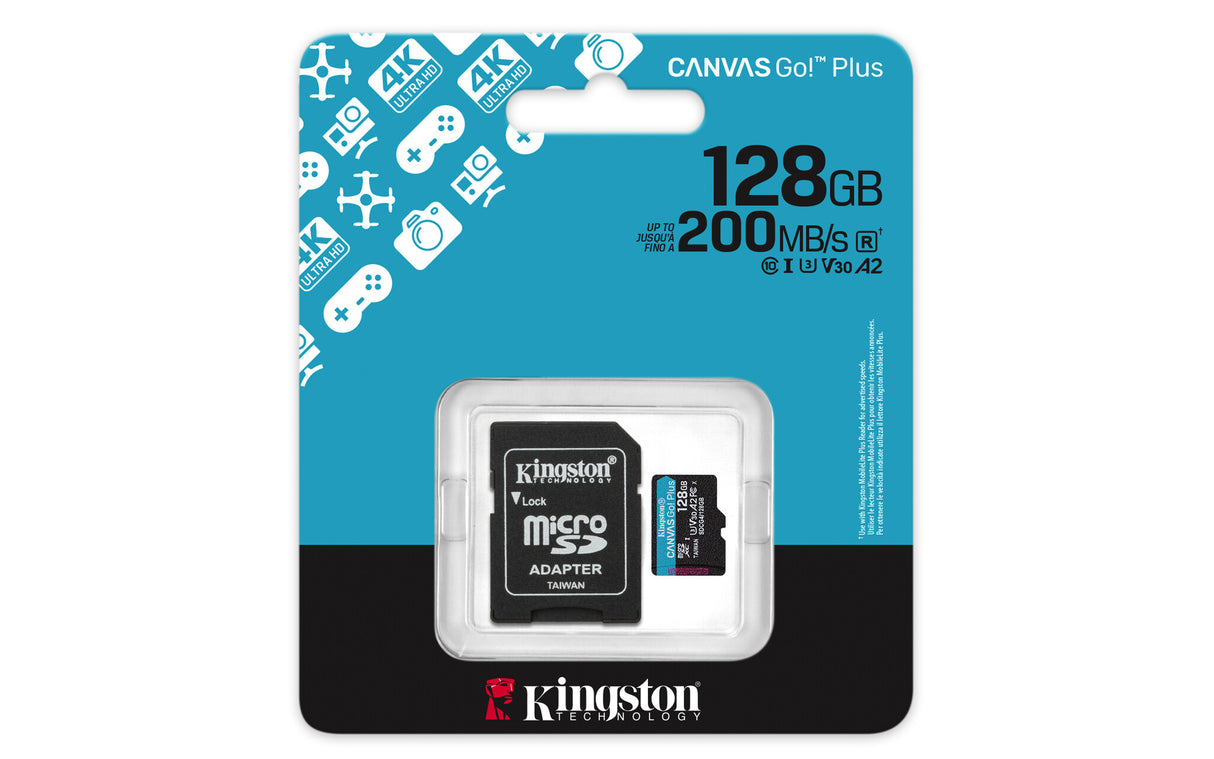 Kingston Technology 128 GB microSDXC Canvas Go! Plus Gen4 200 MB/s A2 U3 V30-kort + adapter