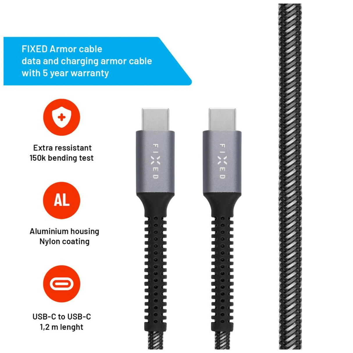 FIXED FIXDA-CC12-GR USB-kabel USB 2.0 1,2 m USB C 4,8 Gbit/sek. 240 W Grå