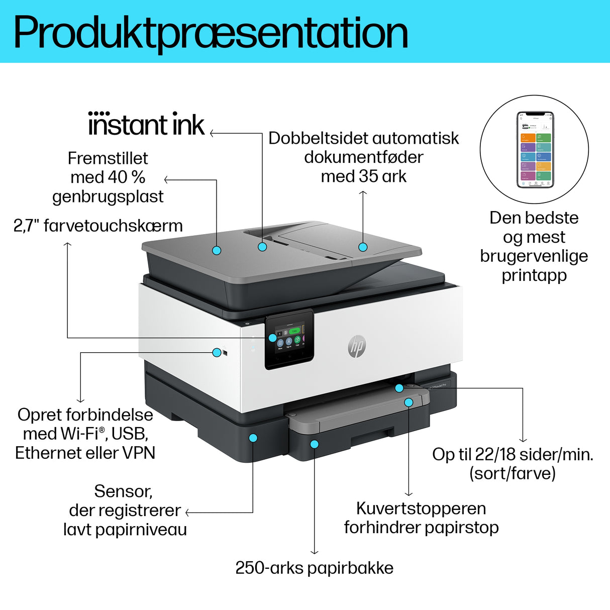 HP OfficeJet Pro 9122e Trådløst All-in-One Farve Printer, Instant Ink; 2-sidet printning