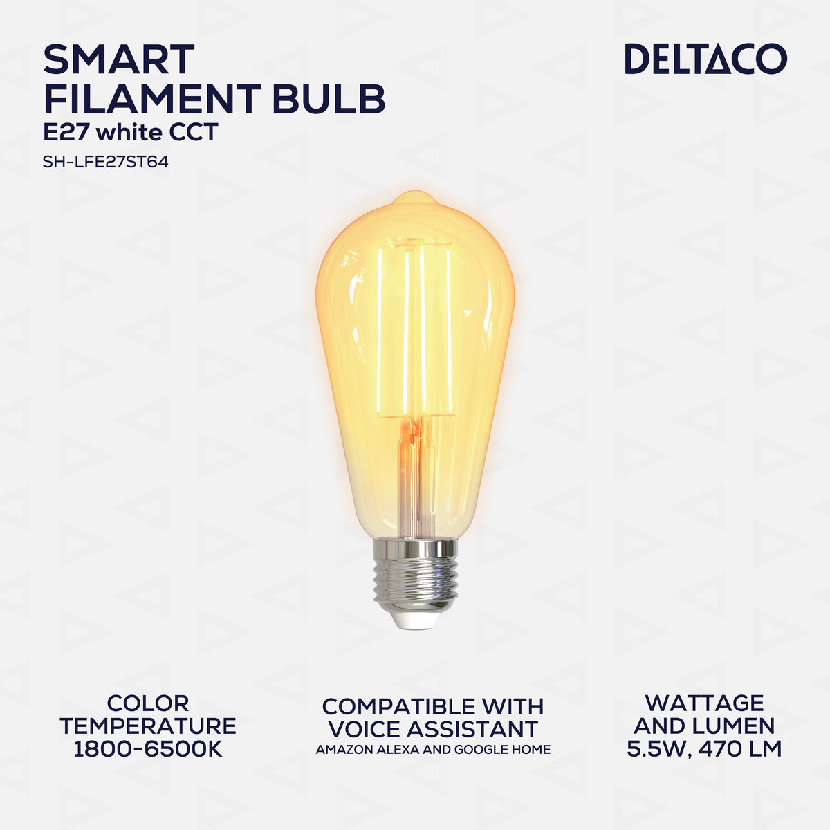 Deltaco SMART H LED filament lamp E27 WiFI 2.4GHz 5.5W 470lm Dim