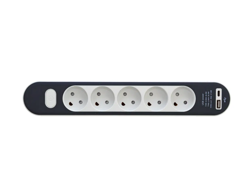 E-LINE 5-stikdåse m/USB A+C u/j 1,4m ledning