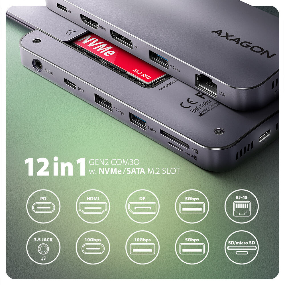 Axagon HMC-12GM2 dockingstation Ledningsført USB 3.2 Gen 2 (3.1 Gen 2) Type-C Grå