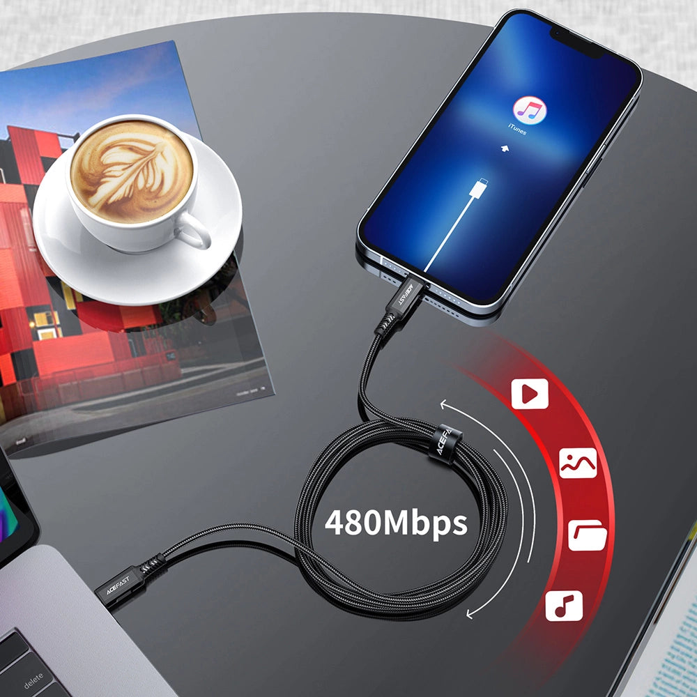 Acefast C4-01 Lightning - USB-C PD-kabel 30W 3A 480Mb/s 1,8m - sort