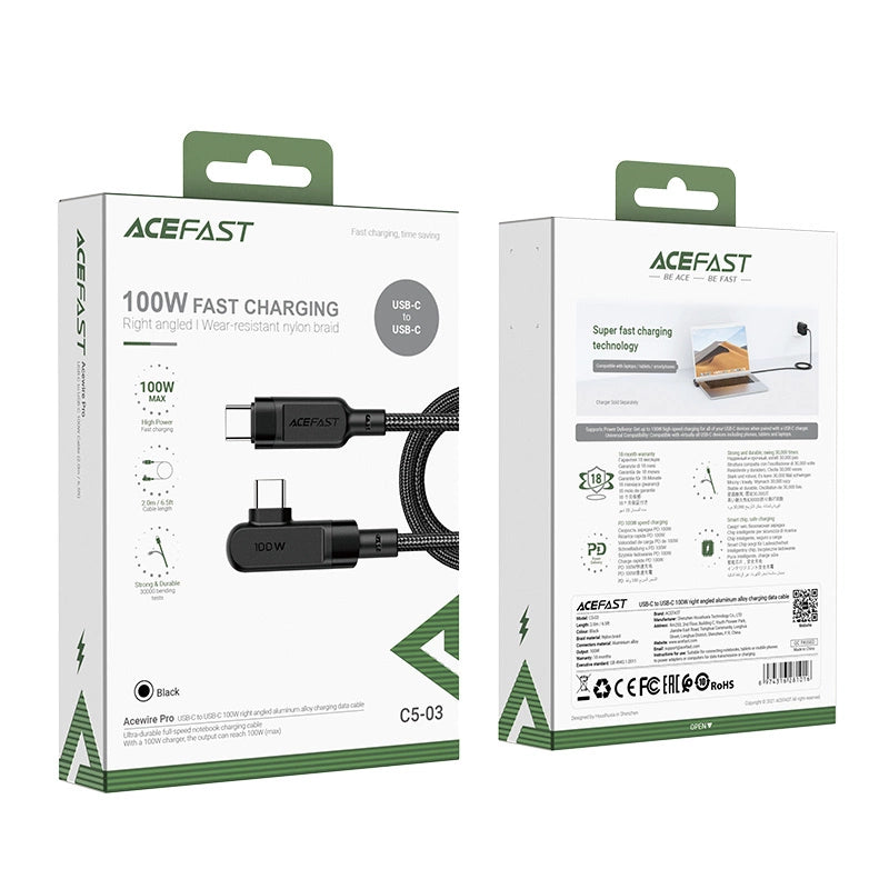 Acefast C5-03 sort USB-C - USB-C PD QC kabel 100W 5A 480Mb/s 2m - sort