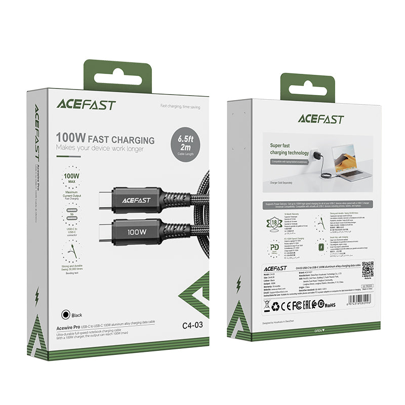 Acefast C4-03 Black USB-C - USB-C PD QC cable 100W 5A 480Mb/s 2m - black