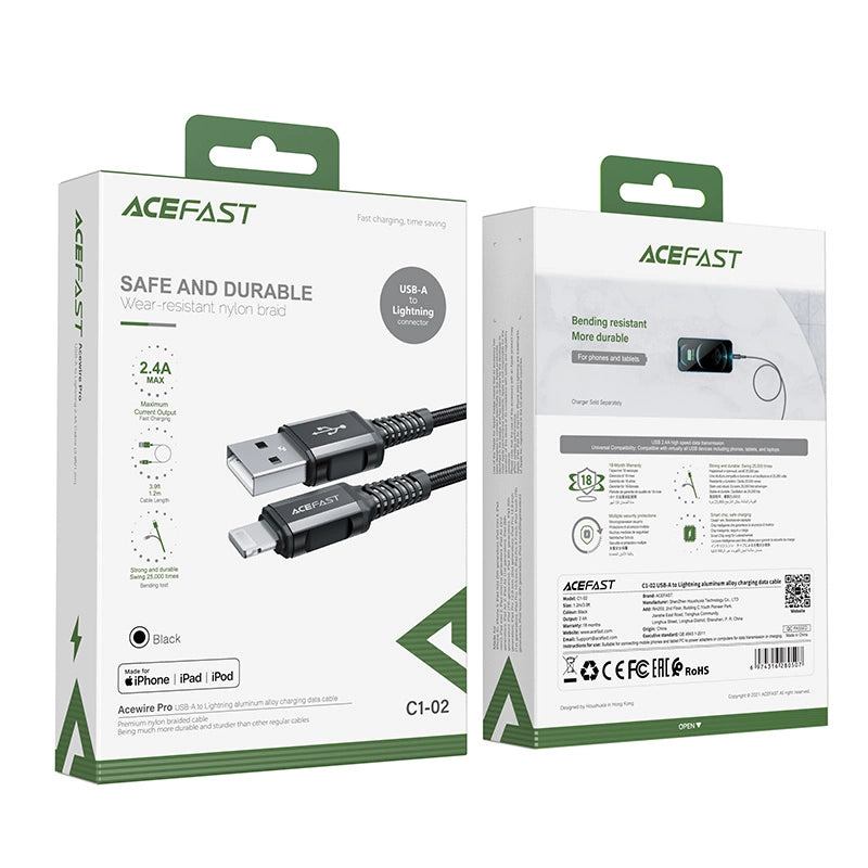 Acefast kabel MFI USB - Lightning 1,2 m, 2,4 A sort (C1-02 sort)