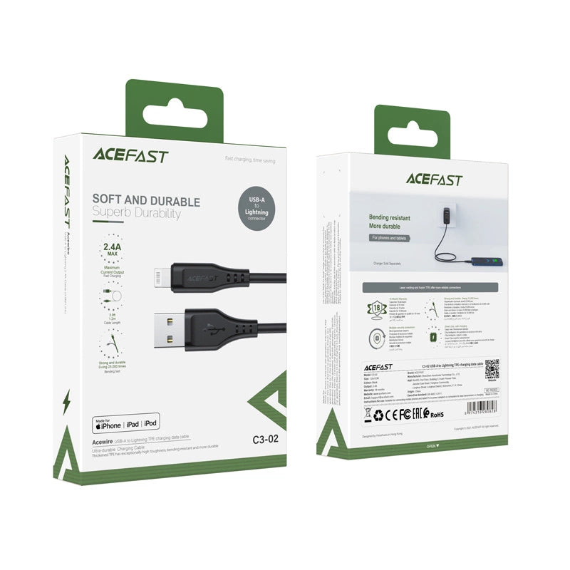Acefast kabel MFI USB - Lightning 1,2 m, 2,4 A sort (C3-02 sort)