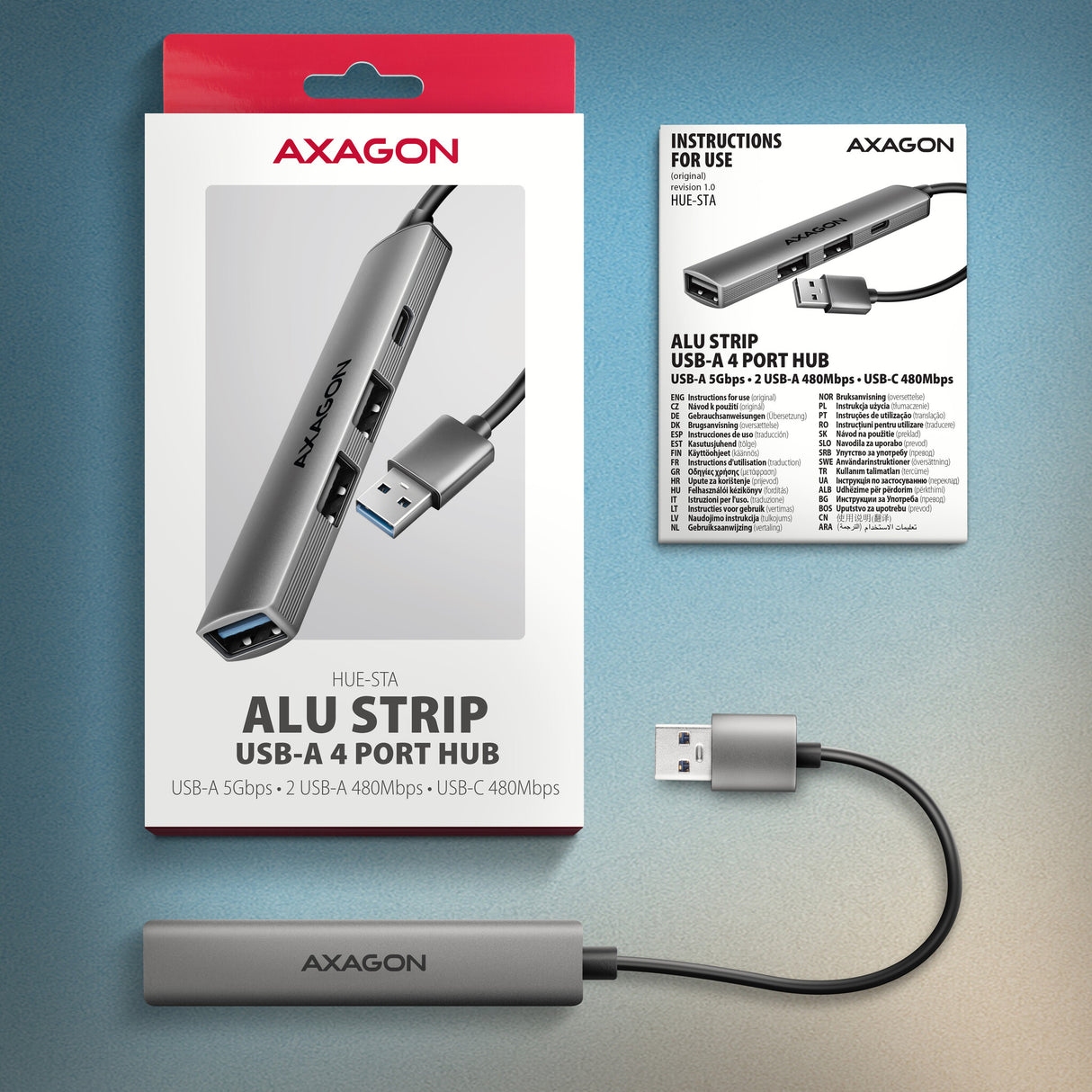 Axagon HUB USB HUE-STA, 4x USB ALU STRIP hub, 1x USB-A 5Gbps, 2x USB-A & 1x USB-C 480Mbps, kabel USB-A 12cm USB 3.2 Gen 1 (3.1 Gen 1) Type-A 5 Mbit/s Grå