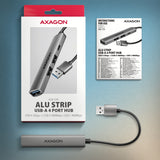 Axagon HUB USB HUE-STA, 4x USB ALU STRIP hub, 1x USB-A 5Gbps, 2x USB-A & 1x USB-C 480Mbps, kabel USB-A 12cm USB 3.2 Gen 1 (3.1 Gen 1) Type-A 5 Mbit/s Grå