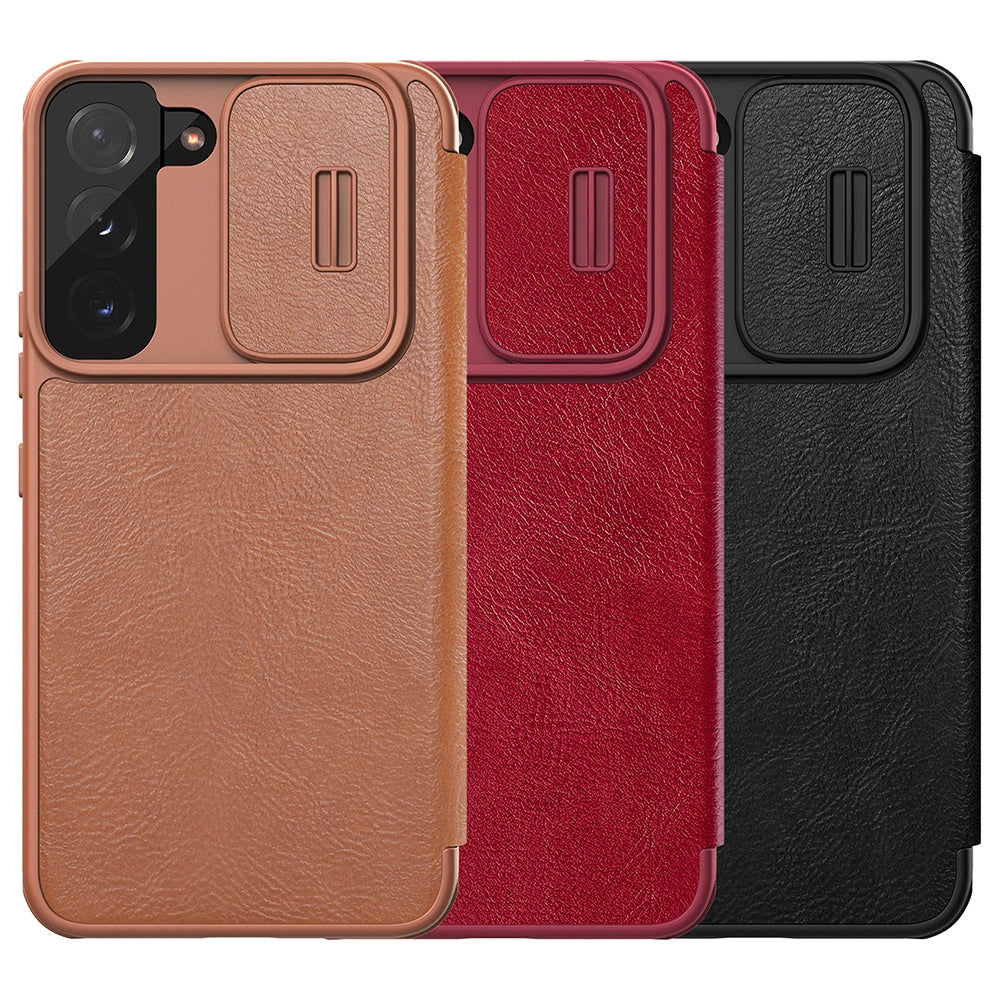 Nillkin Qin læder Pro Case Case til Samsung Galaxy S22+ (S22 Plus) Kamera beskytter Holster Cover Flip Case Brown