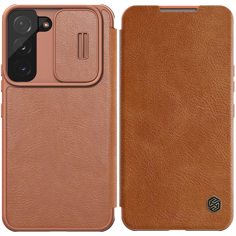 Nillkin Qin læder Pro Case Case til Samsung Galaxy S22+ (S22 Plus) Kamera beskytter Holster Cover Flip Case Brown