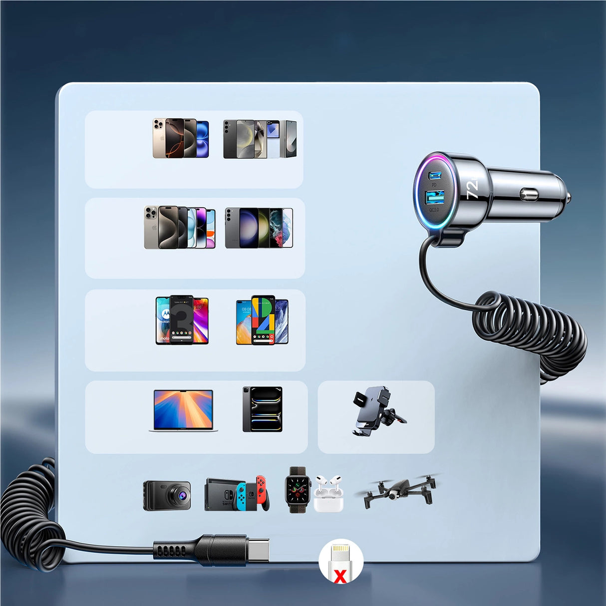 Joyroom JR-CL07 72W 3in1 Biloplader med 1,6m USB-C-kabel   Sort