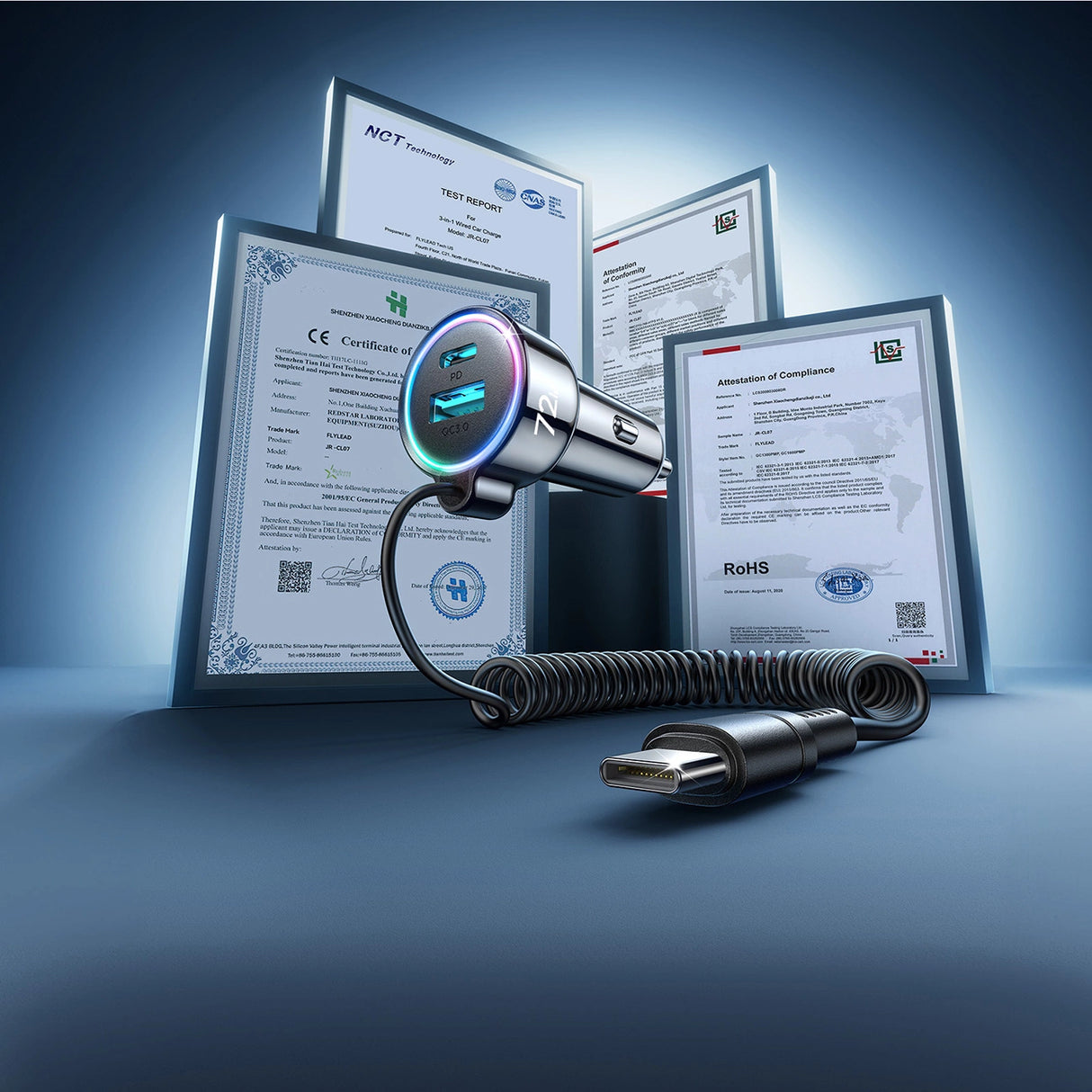 Joyroom JR-CL07 72W 3in1 Biloplader med 1,6m USB-C-kabel   Sort