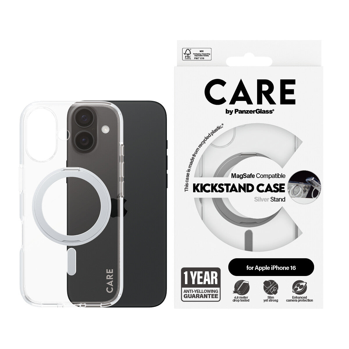 PanzerGlass CARE™ by ® Case Transparent m. Sølv Kickstand & MagSafe iPhone 16