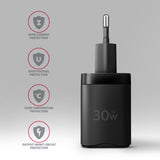 Axagon ACU-PQ30 Ladegerät QC3.0, 4.0/AFC/FCP/PPS/Apple+ PD USB-C, 30W - schwarz - Kompaktes Ladegerät - 1x USB-C und 1x USB-A Mobiltelefon, Smartphone, SmartWatch, Tablet, Universel Sort Vekselstrøm Hurtig opladning Indendørs