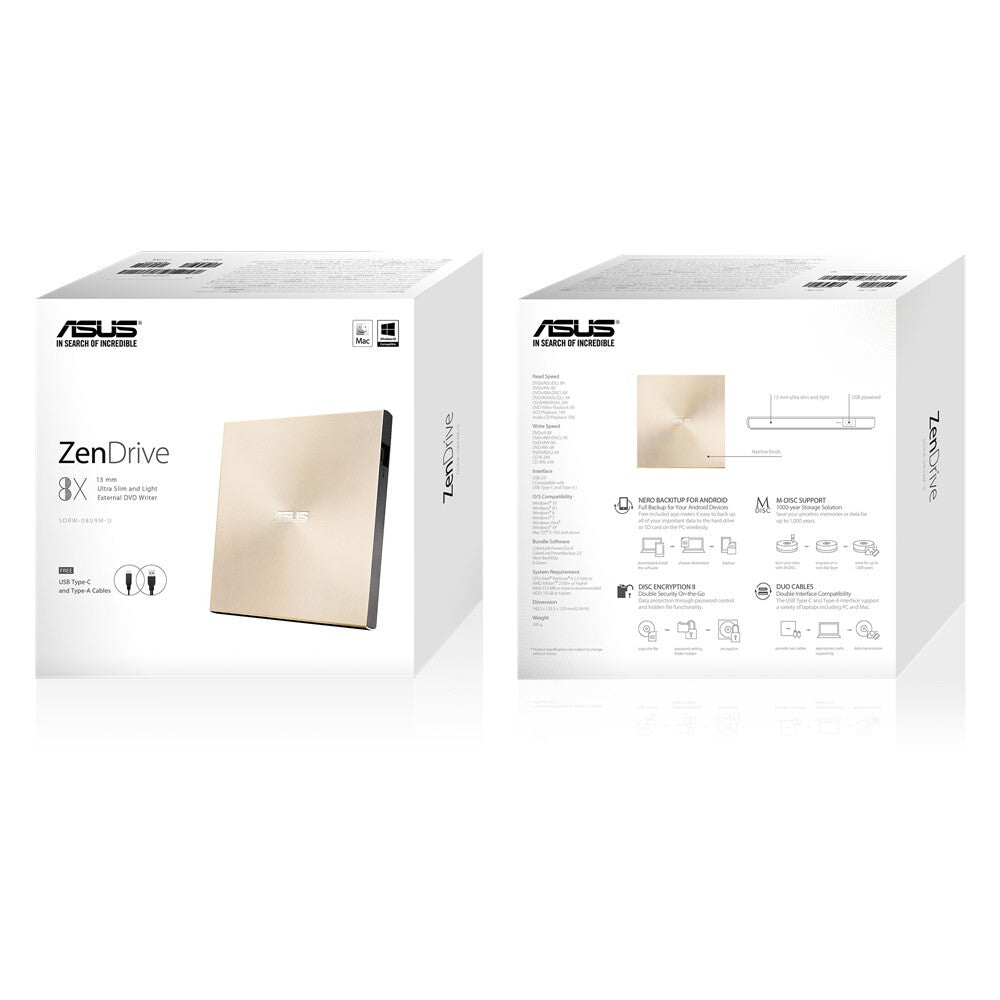 ASUS ZenDrive U9M optisk diskdrev DVD±RW Guld