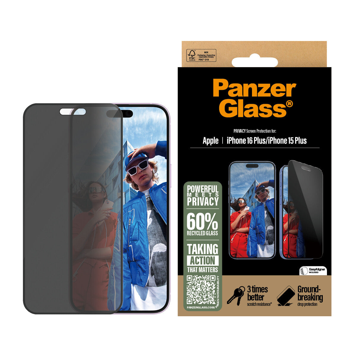 PanzerGlass ® 2-Way Privacy Skærmbeskyttelse iPhone 16 Plus | 15 Plus | Ultra-Wide Fit m. EasyAligner