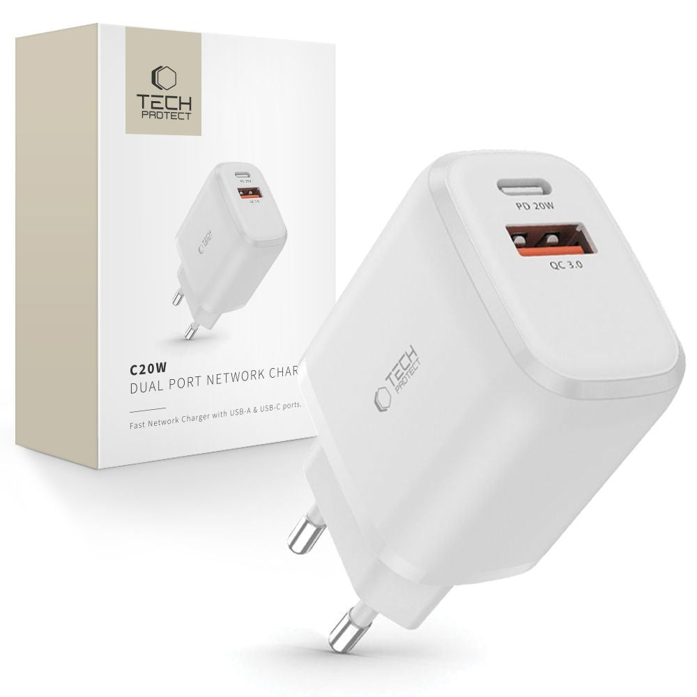 Tech Protect C20 W 2 Port Netværksopladder Pd 20 W / Qc3.0 Hvid