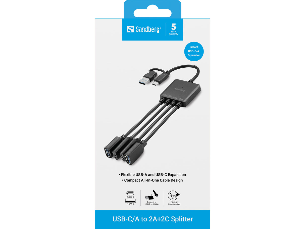 Sandberg 136-81 interface hub USB 3.2 Gen 1 (3.1 Gen 1) Type-A + Type-C 5000 Mbit/s Sort