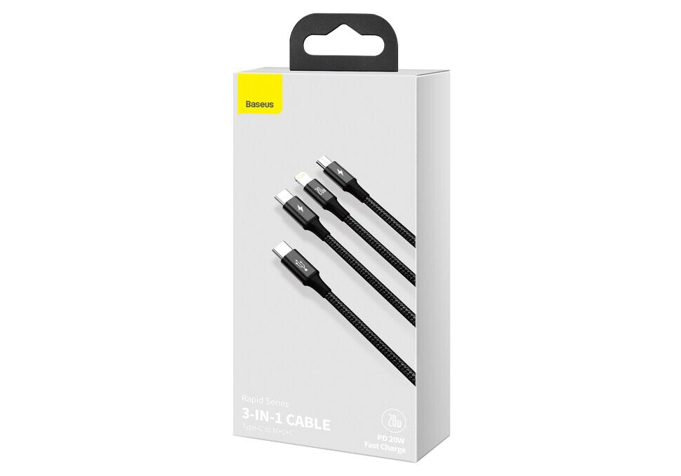 Baseus Rapid 3-in-1 USB-kabel 1,5 m USB A USB C/Micro USB A/Lightning 0,48 Gbit/sek. 20 W Sort