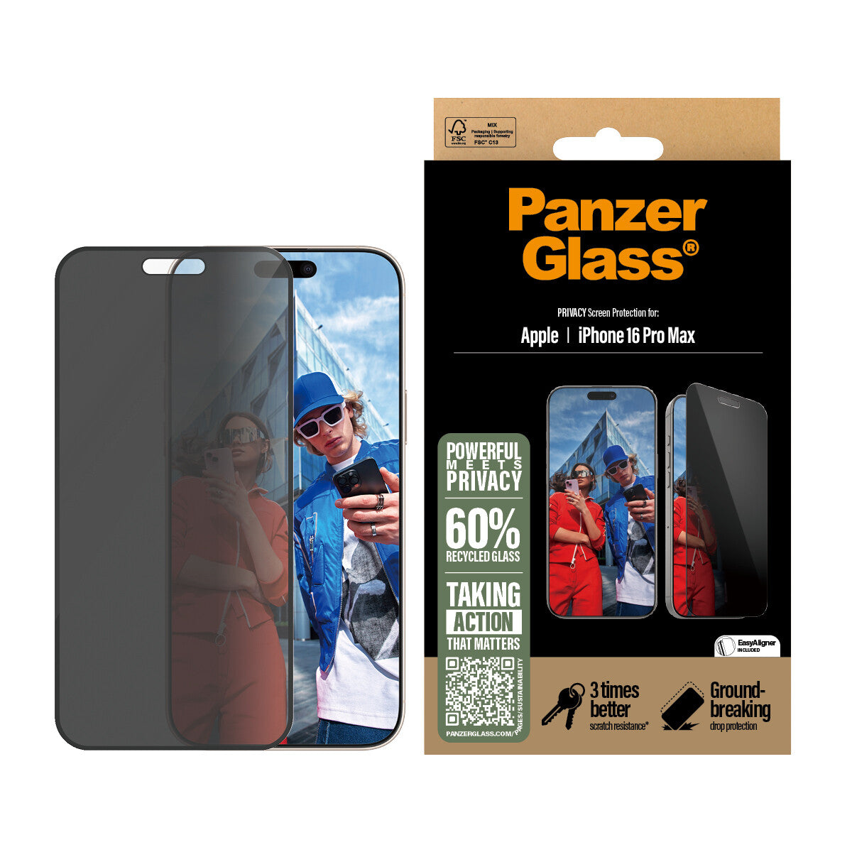 PanzerGlass ® 2-Way Privacy Skærmbeskyttelse iPhone 16 Pro Max | Ultra-Wide Fit m. EasyAligner