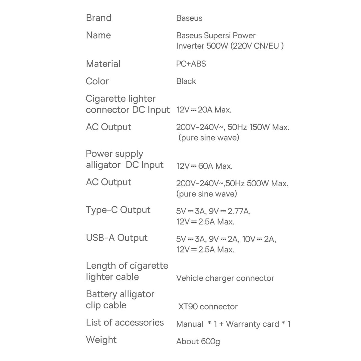 Baseus bilstrømsomformer 150W 12V / 500W 220V (EU- og KN-stik) sort (CGNB000101)