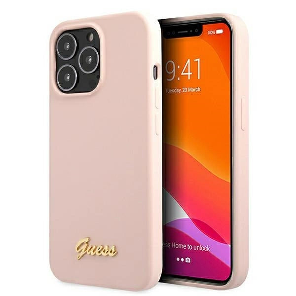 Guess GUHMP13LLSLMGLP iPhone 13 Pro / 13 6.1" light pink/light pink hardcase Silicone Script Gold Logo Magsafe