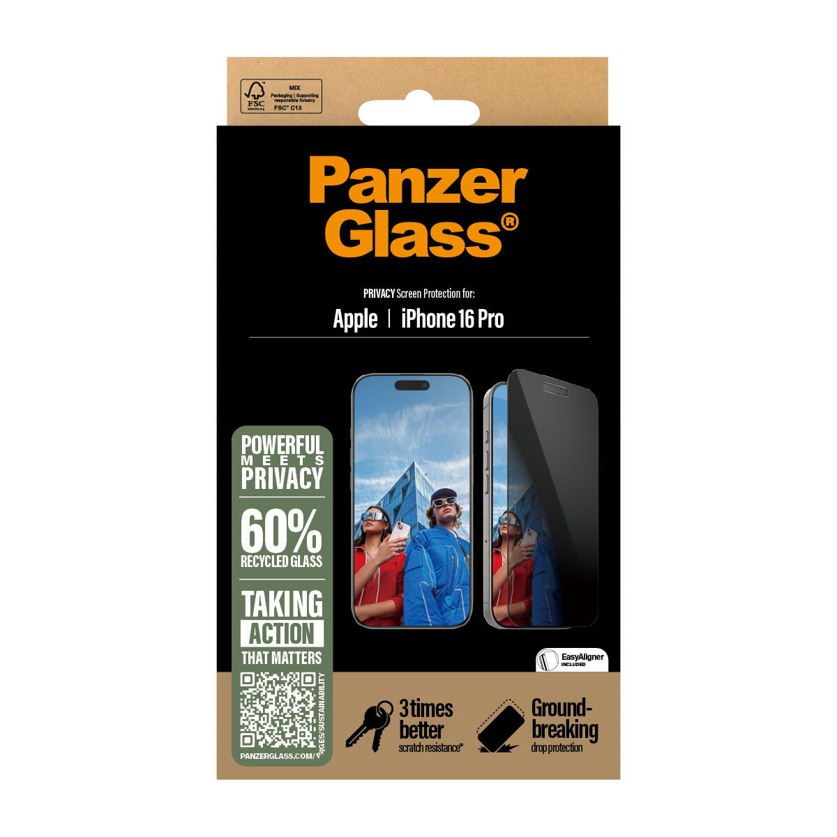 PanzerGlass ® 2-Way Privacy Skærmbeskyttelse iPhone 16 Pro | Ultra-Wide Fit m. EasyAligner