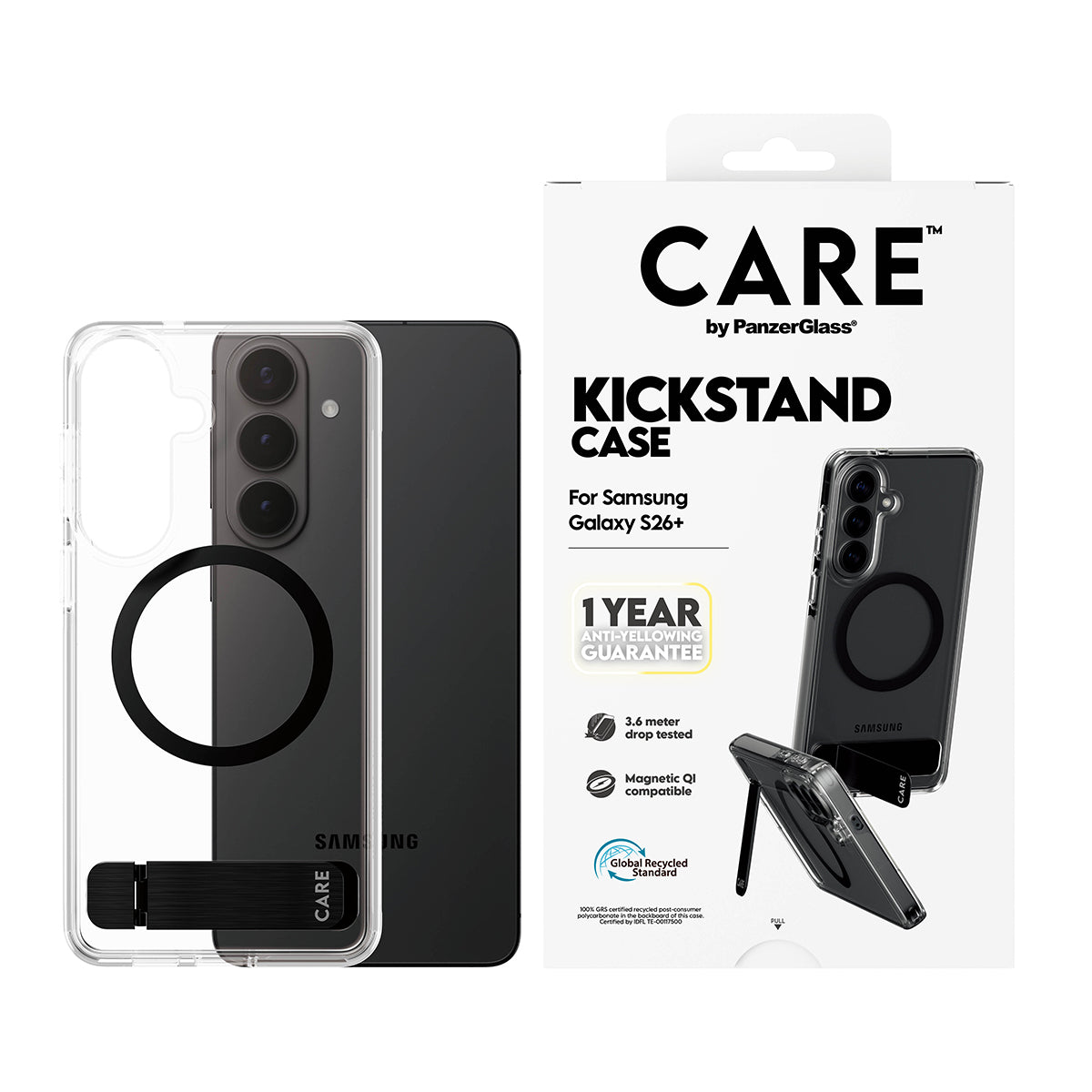 CARE by PanzerGlass Case Transparent w. Black Kickstand & Qi Samsung Galaxy S26+
