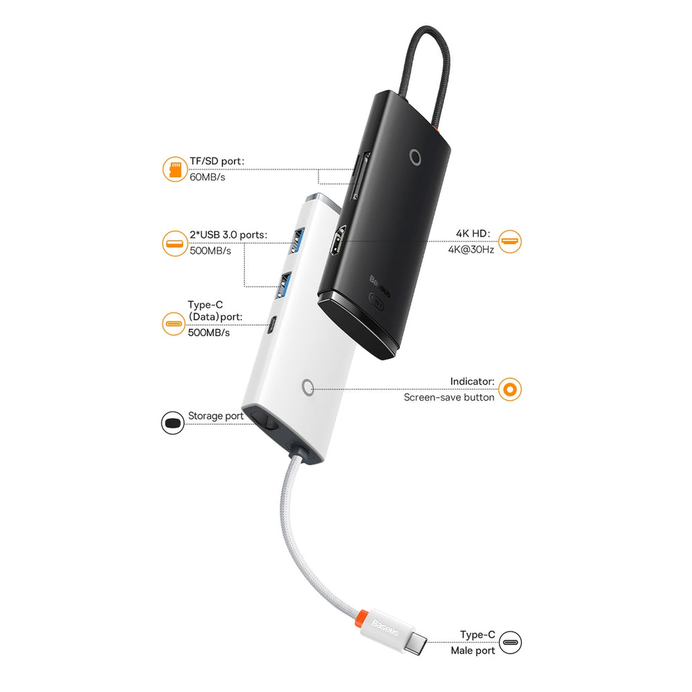 Baseus Lite Series multifunctional USB Type C HUB - 2 x USB 3.0 / USB Type C / HDMI 1.4 / SD/TF OTG black (WKQX050001)