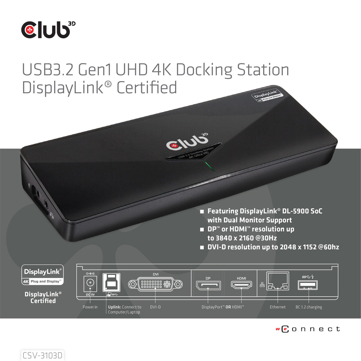 Club 3D CSV-3103D 9-in-one USB 3.2 Gen1 Dockingstation Sort