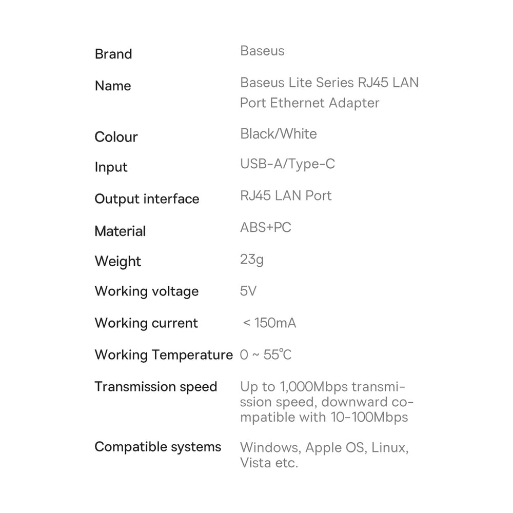 Baseus Lite Series external network card USB Type C - RJ-45 1Gbps (1000Mbps) black (WKQX000301)