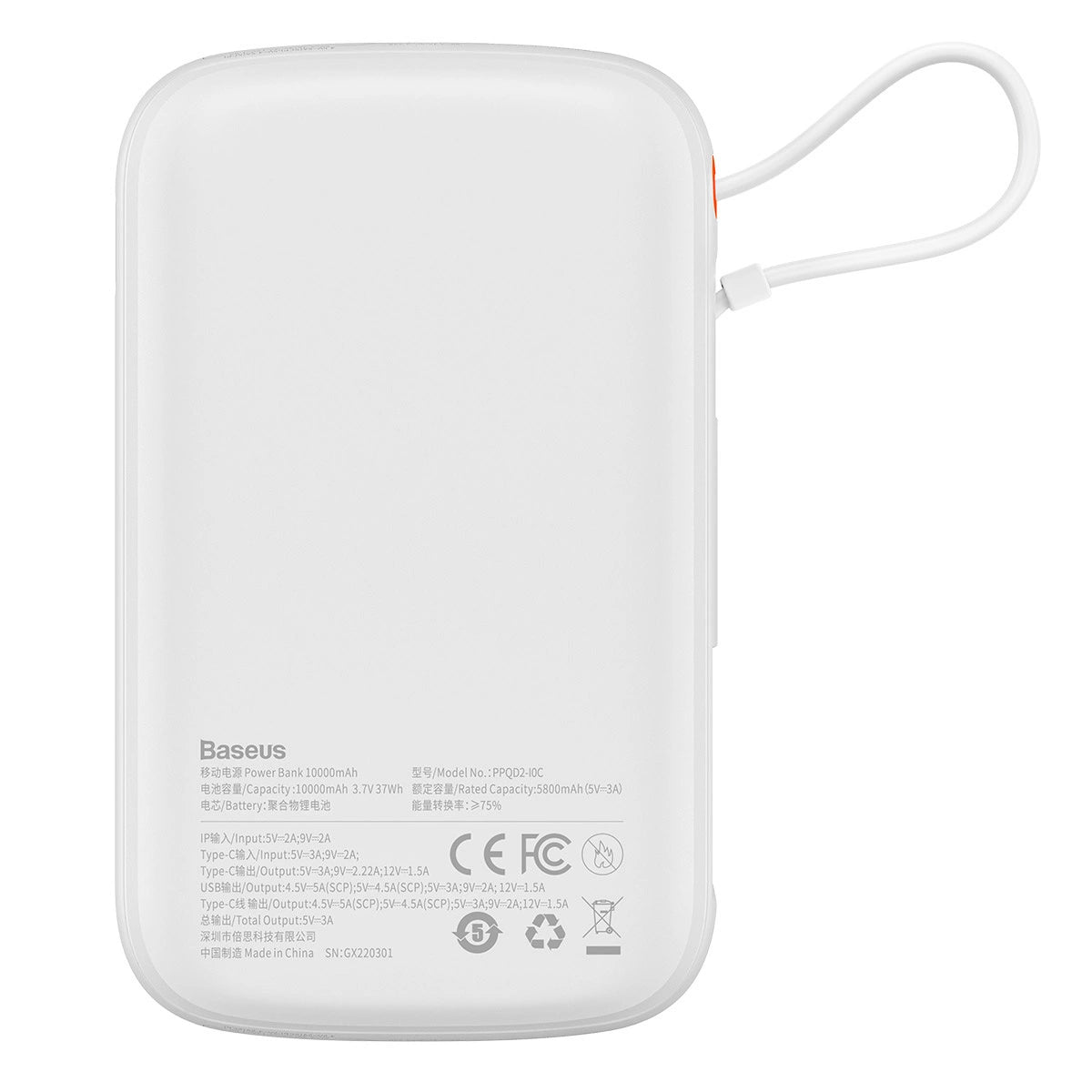 Baseus Qpow power bank 10000mAh indbygget USB Type-C kabel 22,5W Quick Charge SCP AFC FCP hvid (PPQD020102)