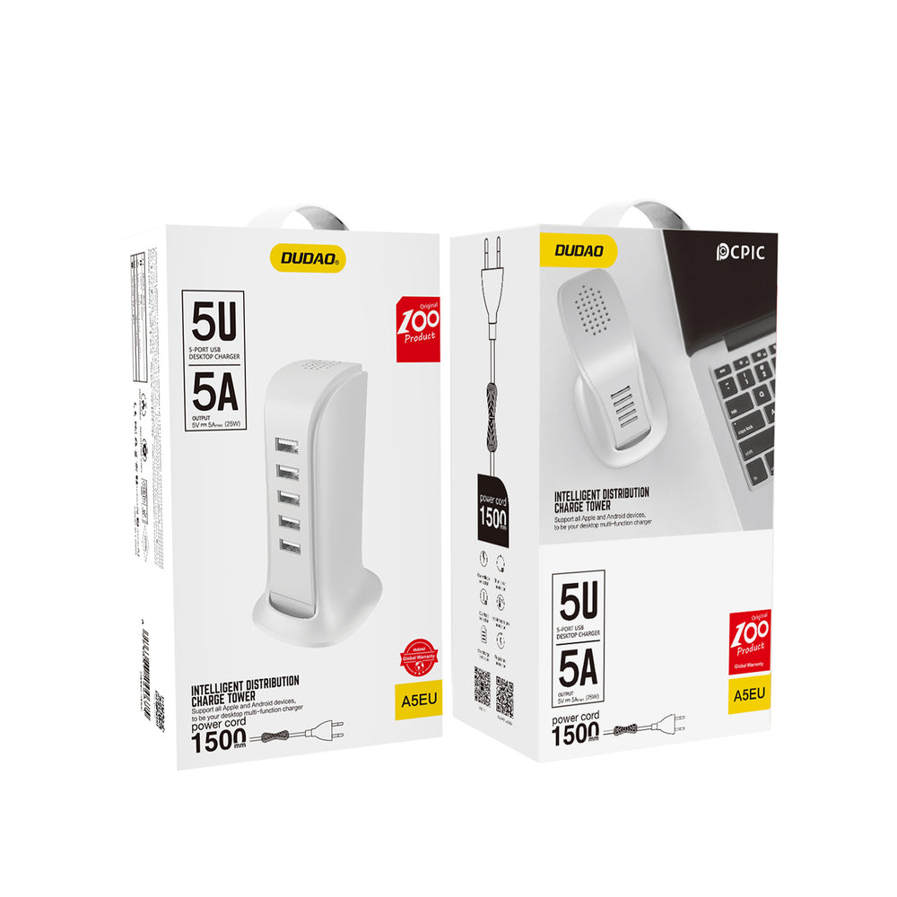 Dudao 5x USB-oplader med indbygget EU-strømskabel hvid (A5EU)