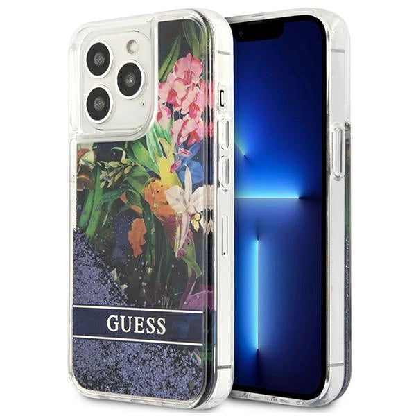 Guess Flower Liquid Glitter case for iPhone 13 Pro Max - blue