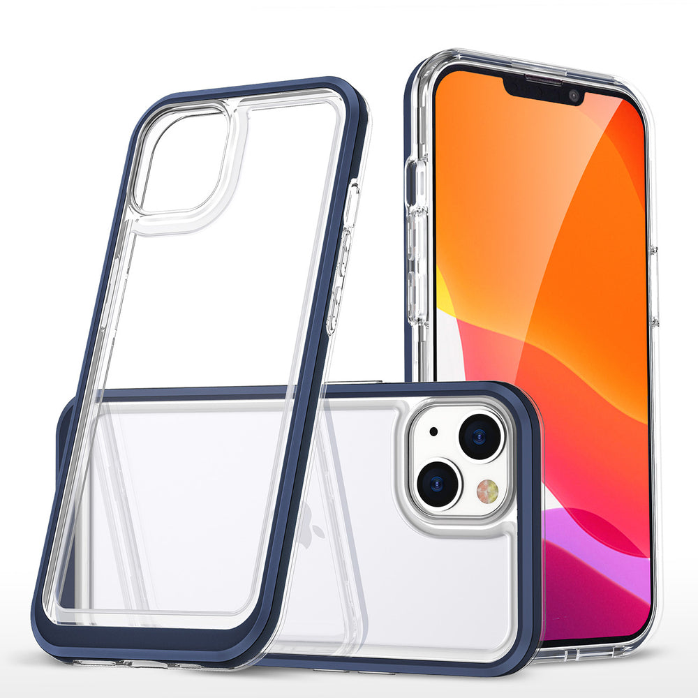 Gennemsigtige 3in1 case til iPhone 14 silikone cover med blå ramme