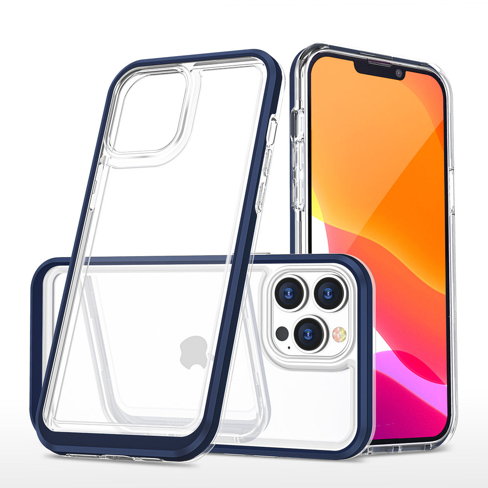 Gennemsigtige 3in1 fodtøj til iPhone 14 Pro Max silikone dække med blå ramme