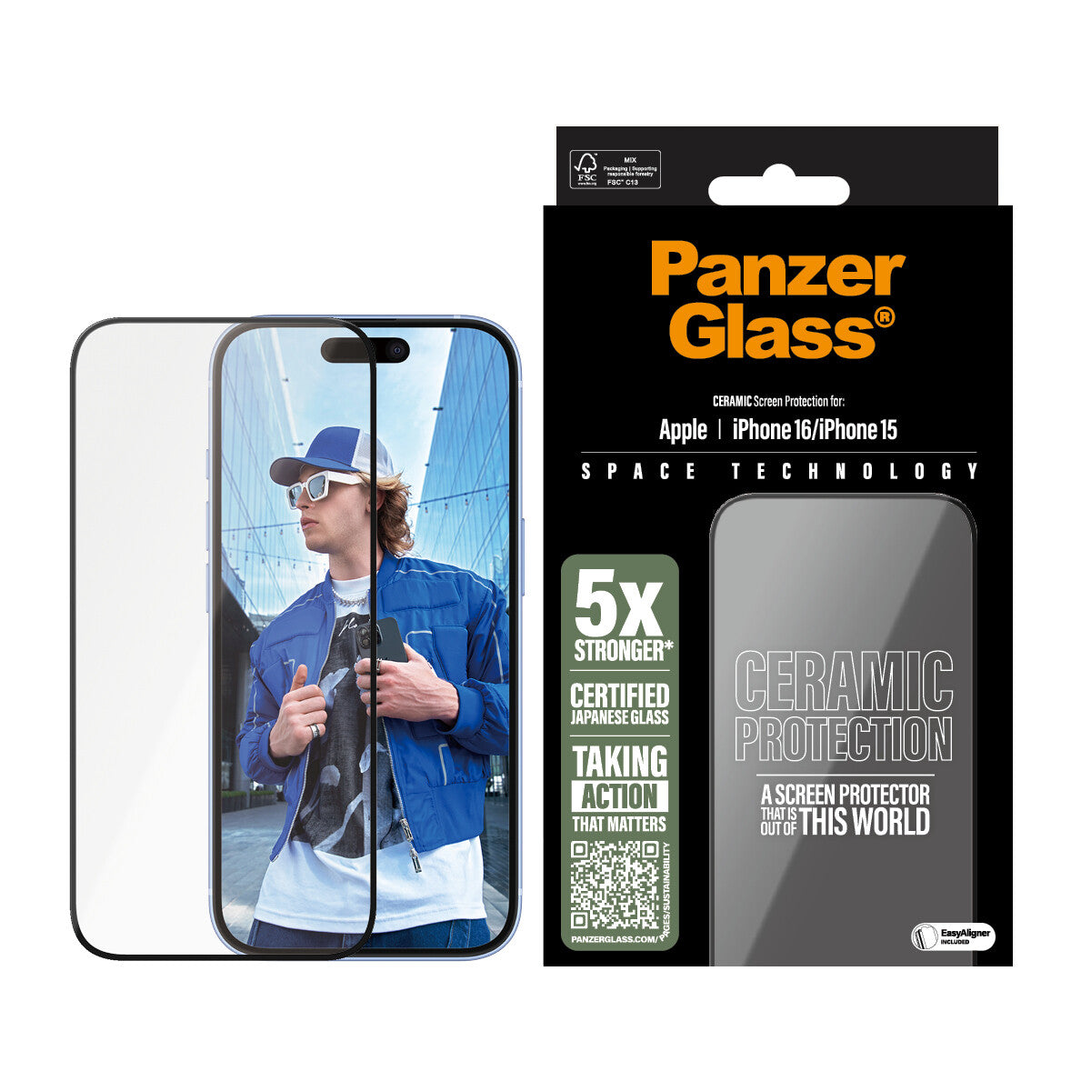 PanzerGlass ® Ceramic Skærmbeskyttelse iPhone 16 | 15 | Ultra-Wide Fit m. EasyAligner