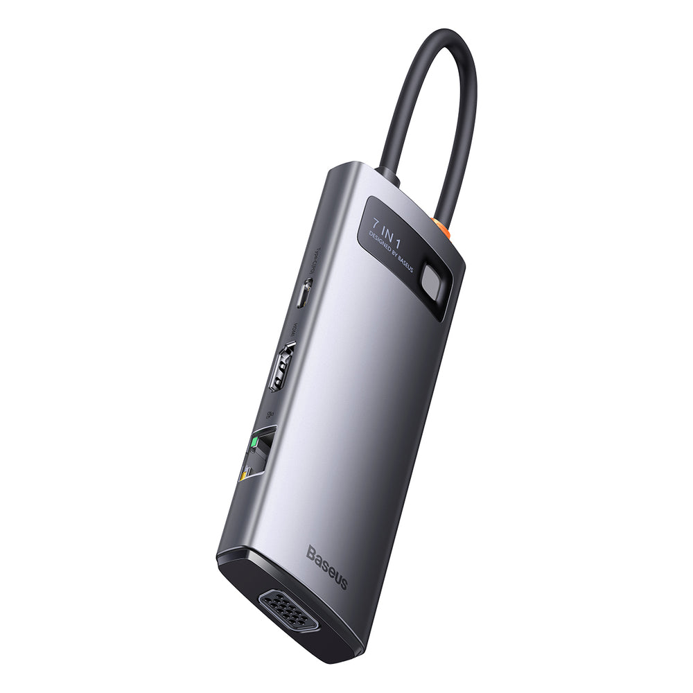 Baseus Metal Gleam Series HUB 7-in-1 USB Type C docking station - 1 x HDMI / 1 x VGA / 3 x USB 3.2 Gen. 1 / 1 x Power Delivery / 1 x RJ-45 Ethernet gray (WKWG040013)
