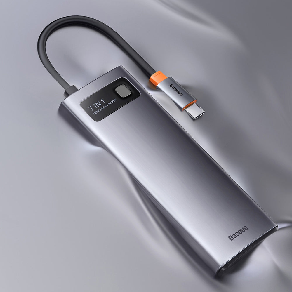 Baseus Metal Gleam Series HUB 7-in-1 USB Type C docking station - 1 x HDMI / 1 x VGA / 3 x USB 3.2 Gen. 1 / 1 x Power Delivery / 1 x RJ-45 Ethernet gray (WKWG040013)