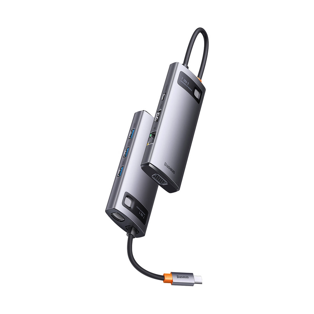 Baseus Metal Gleam Series HUB 7-in-1 USB Type C docking station - 1 x HDMI / 1 x VGA / 3 x USB 3.2 Gen. 1 / 1 x Power Delivery / 1 x RJ-45 Ethernet gray (WKWG040013)