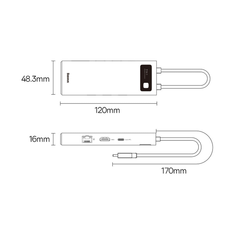 Baseus Metal Gleam Series HUB 7-in-1 USB Type C docking station - 1 x HDMI / 1 x VGA / 3 x USB 3.2 Gen. 1 / 1 x Power Delivery / 1 x RJ-45 Ethernet gray (WKWG040013)