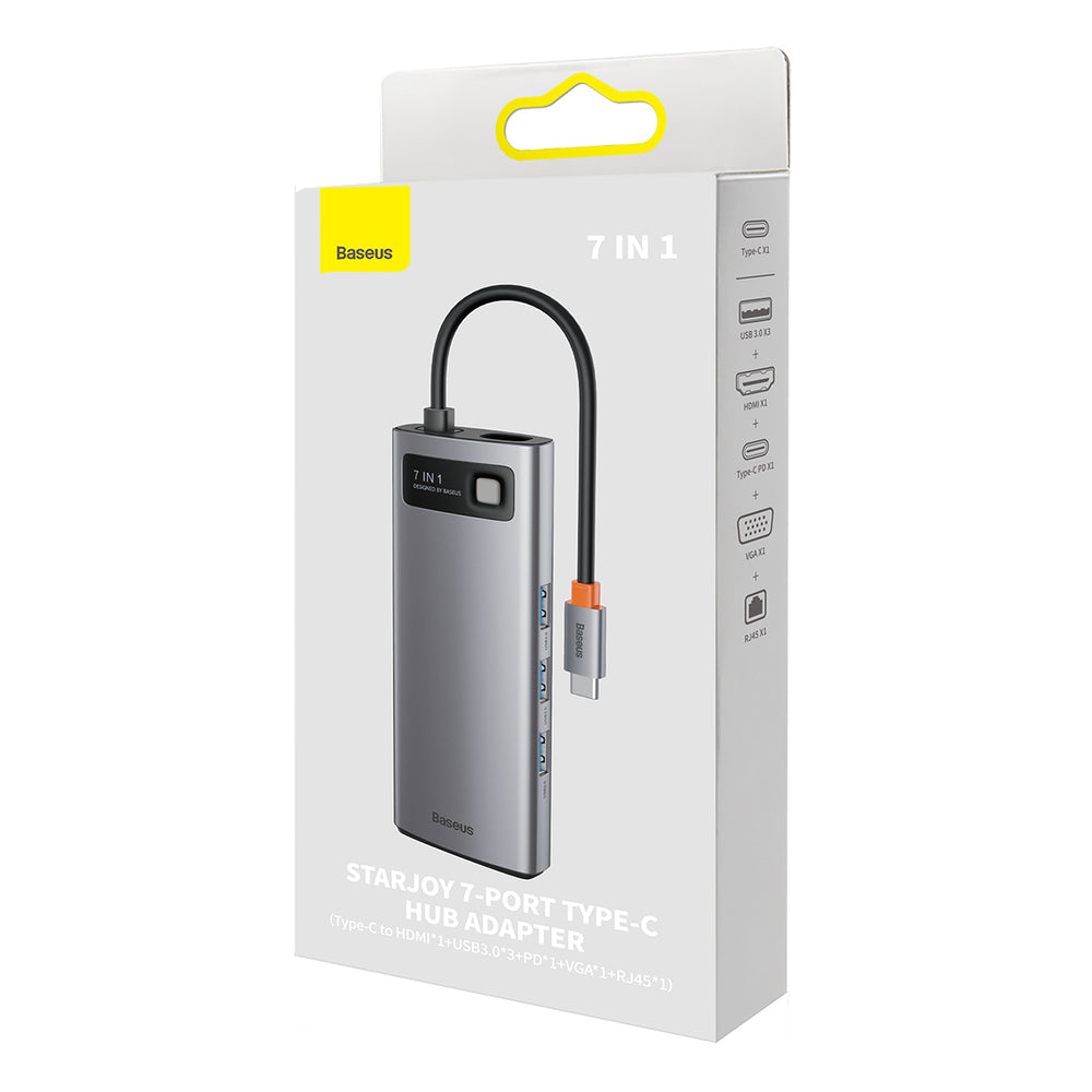 Baseus Metal Gleam Series HUB 7-in-1 USB Type C docking station - 1 x HDMI / 1 x VGA / 3 x USB 3.2 Gen. 1 / 1 x Power Delivery / 1 x RJ-45 Ethernet gray (WKWG040013)