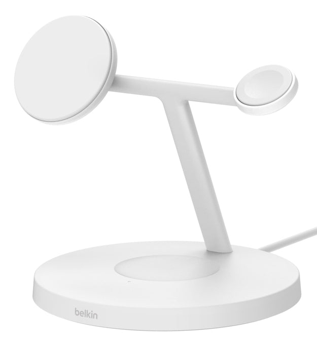 Belkin 3-i-1 Qi2 15W opladningsstander (hvid)