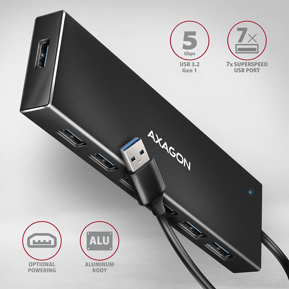 Axagon HUE-F7A 7x USB 3.2 Gen 1 ALU FLAT hub micro power IN 1m USB-A USB 3.2 Gen 1 (3.1 Gen 1) Type-A 5000 Mbit/s Sort