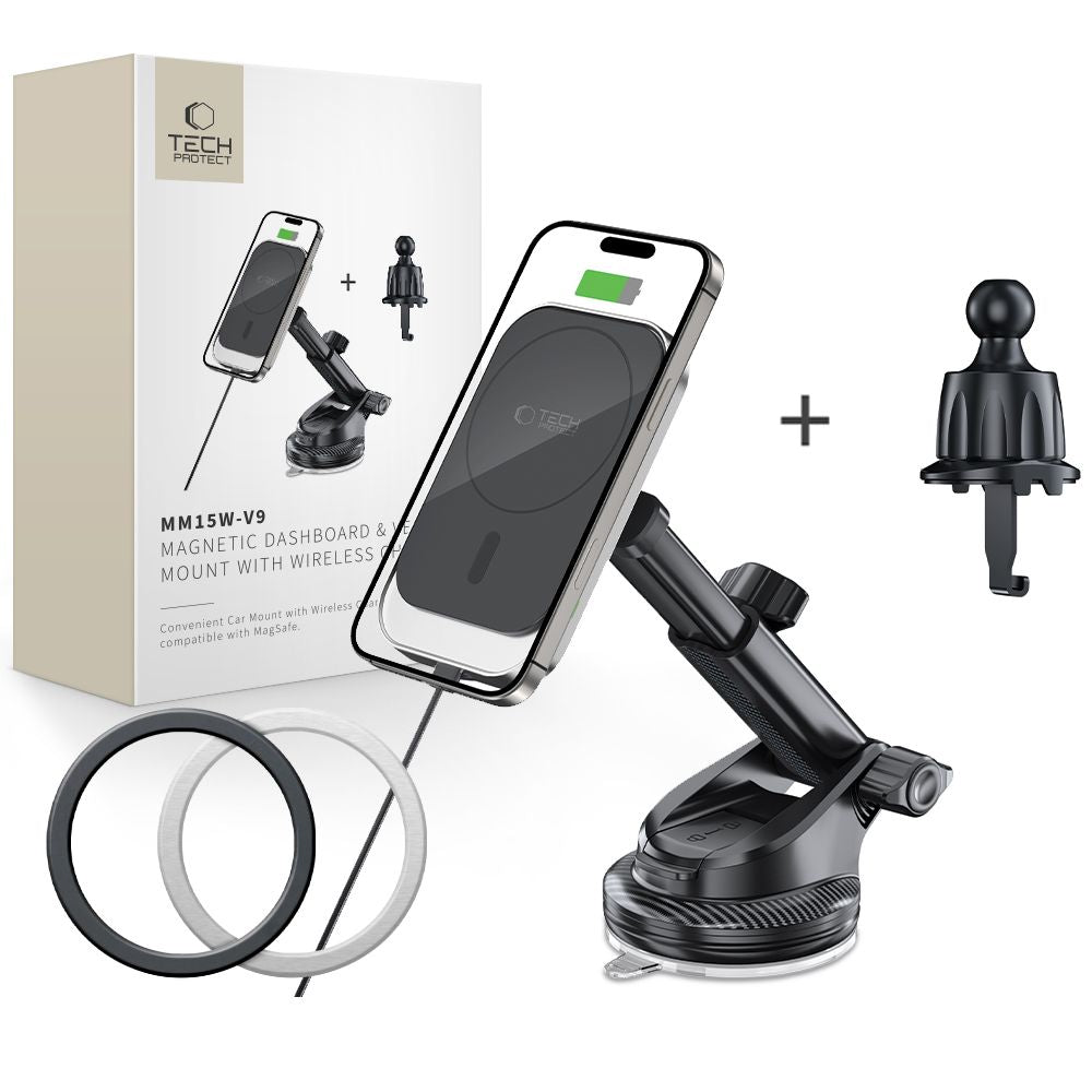 Tech Protect Mm15 W V9 Magnetisk Magsafe Dashboard & Ventilation Trådløs Opladder Til Bilholder 15 W Sort