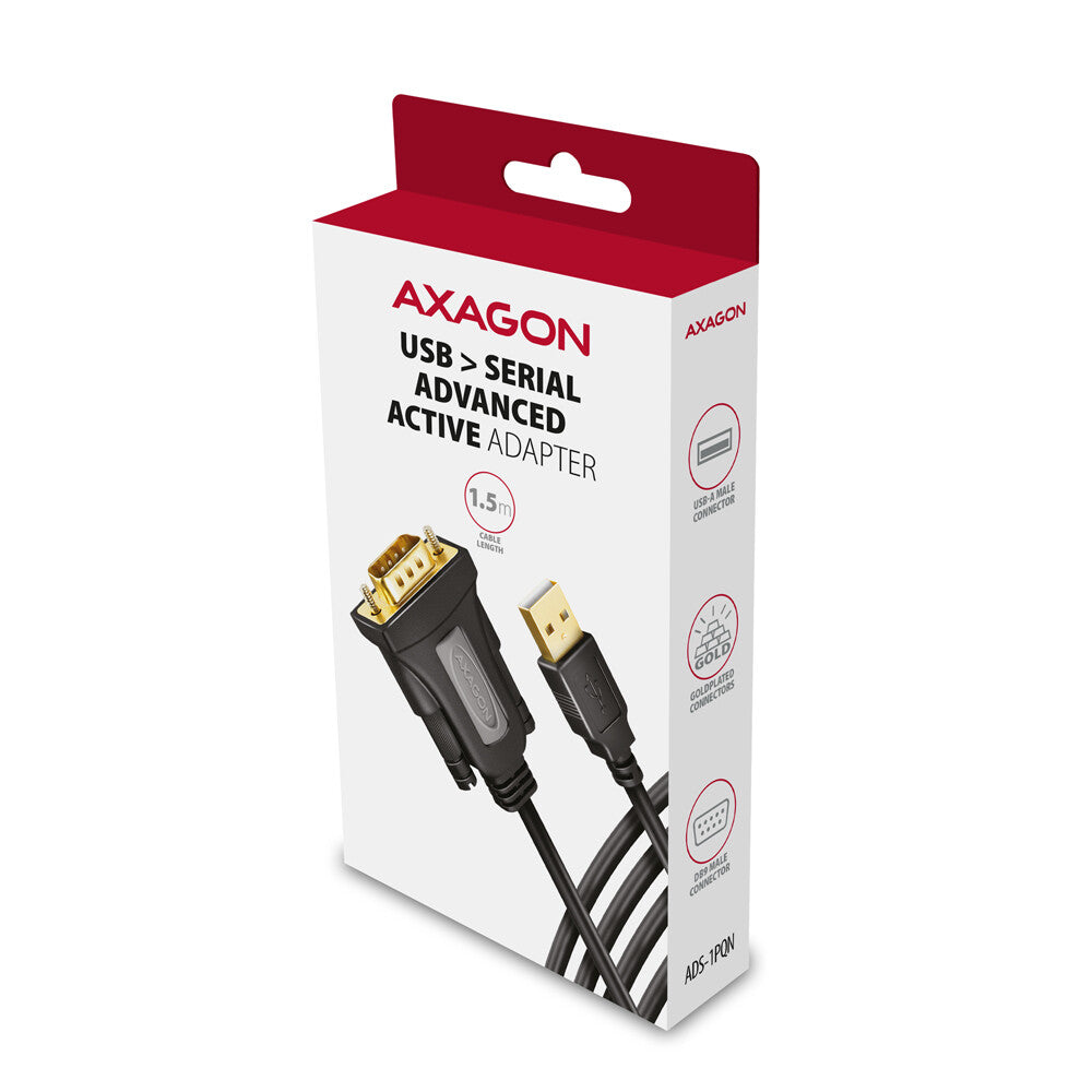 Axagon ADS-1PQN USB-A 2.0 - serial RS-232 DB9-M FTDI adapter cable 1.5m - Adapter - Digital/Daten serielkabel Sort 1,5 m USB Type-A